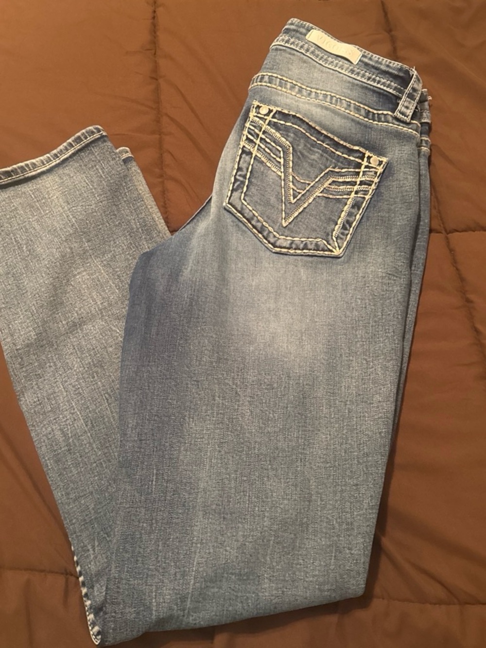 Vigoss Light Blue Straight Leg Jeans with Embroidered Back Pockets